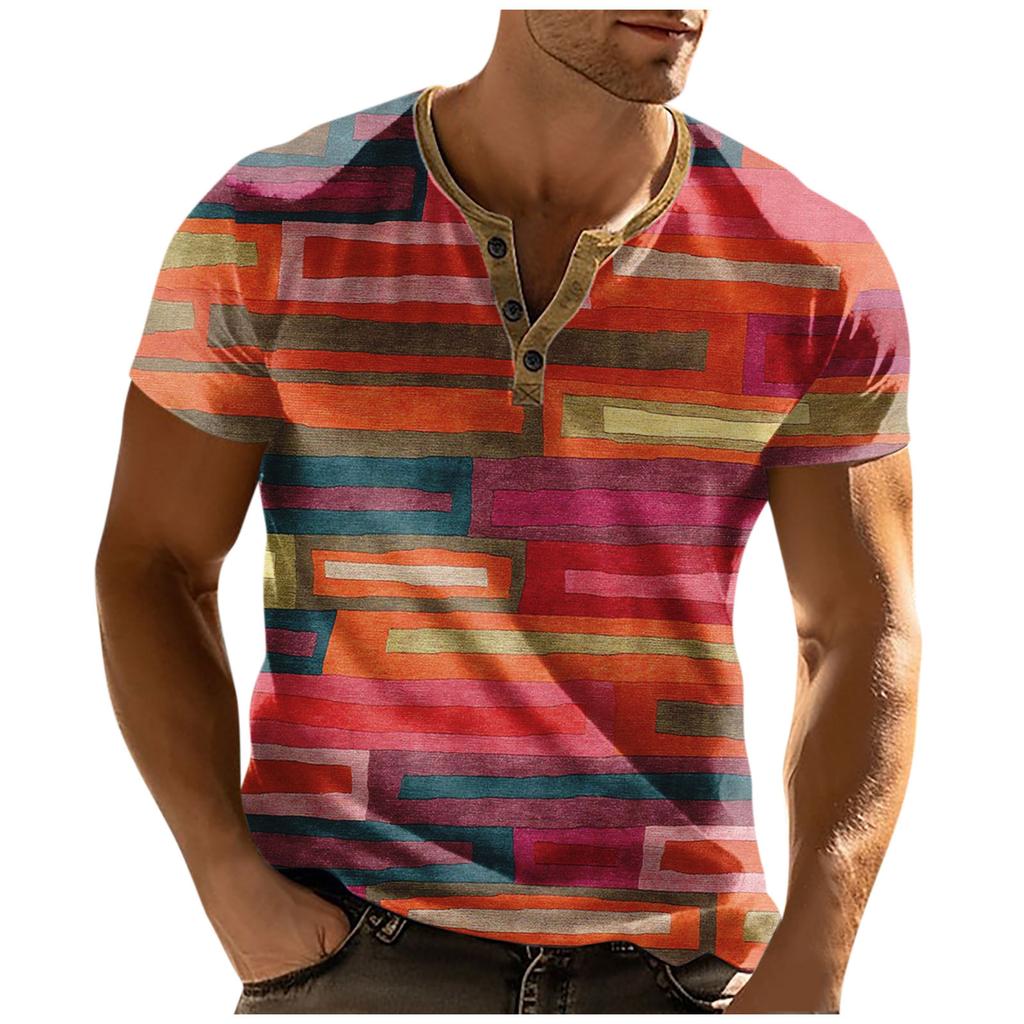 Men'S Printed T-Shirt Outdoor Retro Button Loose Short Sleeve Top