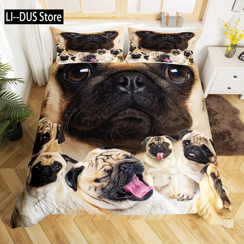 Pug Duvet Cover Set Puppy Lying Around Pet Decorative 3 Piece Bedding Set with 2 Pillow Shams Queen Size Pale Brown Black