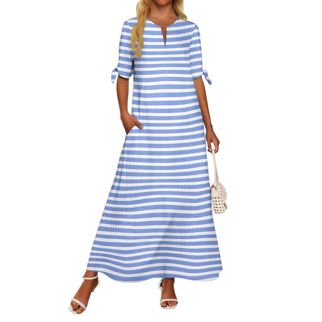 Ladies Casual Fashion Temperament Elegant Waist Striped Long Dress