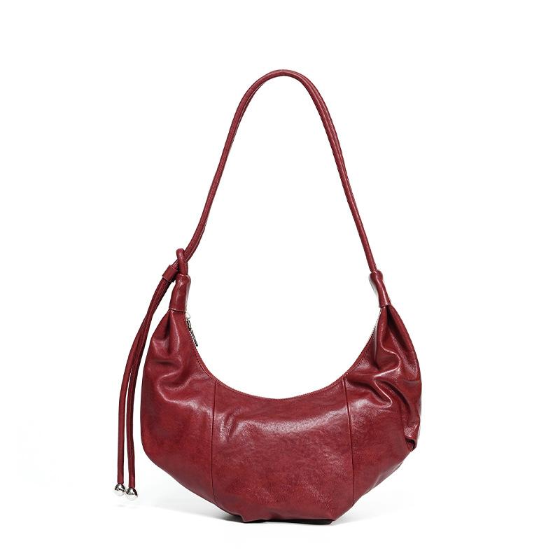 Casual Pleated First Layer Cowhide Shoulder Dumpling Bag Women's Leather Commuter Senior Sense Croissant