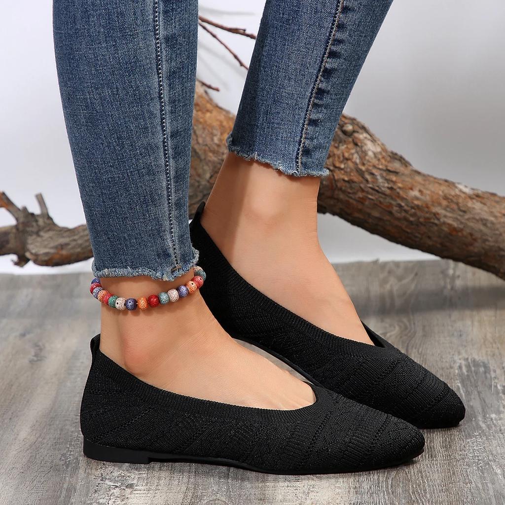 Fashion New Women's Pointed Toe Single Shoes Solid Color Knitted Slip on Casual Breathable Ballet Flats Shoes Loafers Zapatos De Mujer
