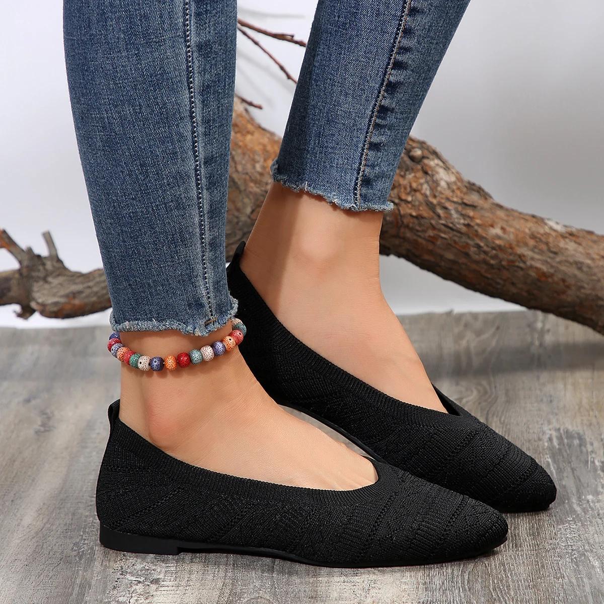 

New Women s Pointed Toe Single Shoes Solid Color Knitted Slip on Casual Breathable Ballet Flats Shoes Loafers Zapatos De Mujer 43 чорний