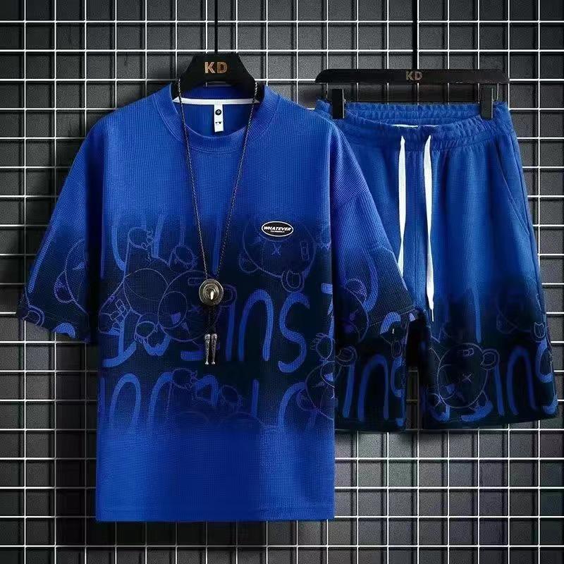 Men's Summer Waffle Ice Silk Two-Piece Casual Suit - Short-Sleeve T-Shirt & Shorts