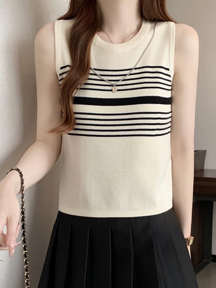 2026 Spring French Design Knit Vest Camisole - Women's Fashionable Striped Sleeveless Top