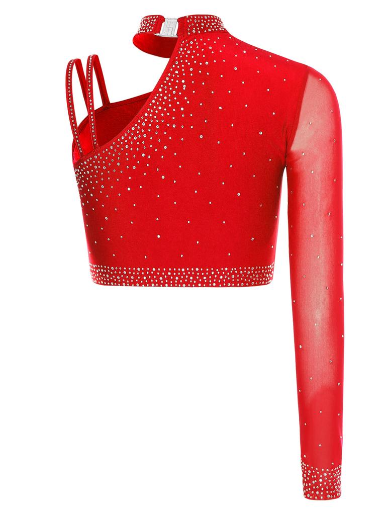 Damen Lyrisches Tanz Performance Set S-XXL: Asymmetrisches Crop-Top mit einem Ärmel, Strasssteinen & locker sitzende Überwurfhose