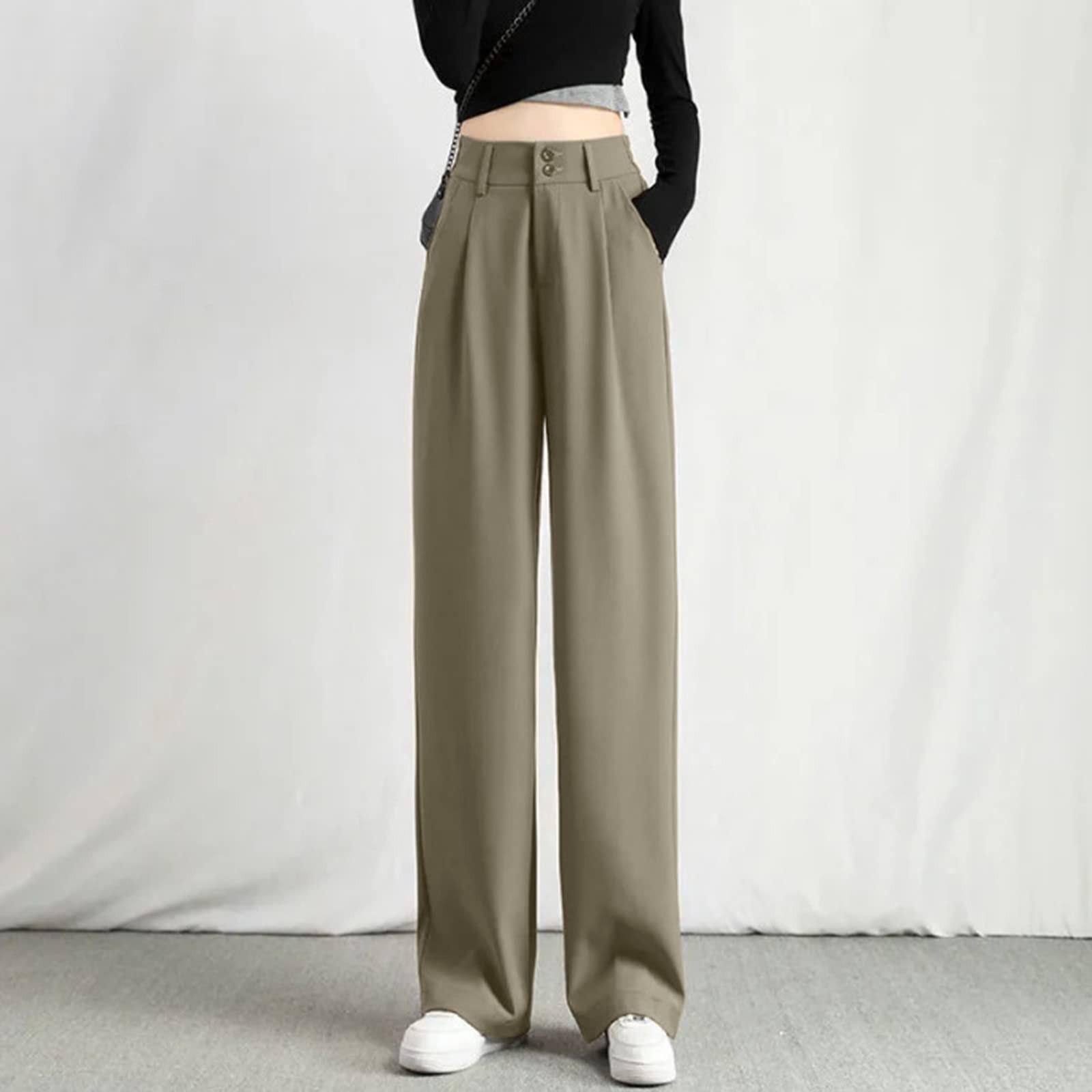 

Women s Loose Pocket Casual Elastic Waist Pants Slim Button-zipper Loose Pants Straight Suit Pants XXL хаки