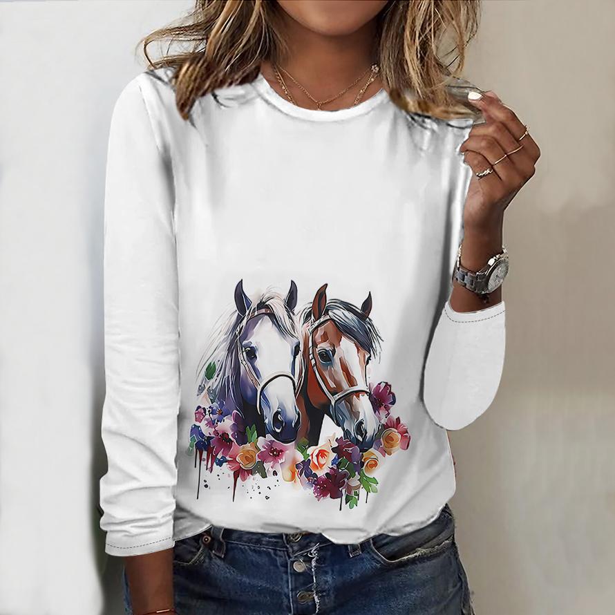 Tops For Women Oil Painting Horse Print Round Neck Long Sleeve T-shirt Fall Casual Slim Pullover Women's Long Sleeve Top