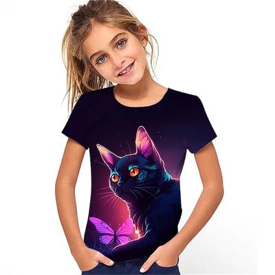 Sommer Rundhals 3D Tier Blumenmuster Bedrucktes Oberteil Modisch Lässig Kurzärmelig Kinder Mädchen T-Shirts
