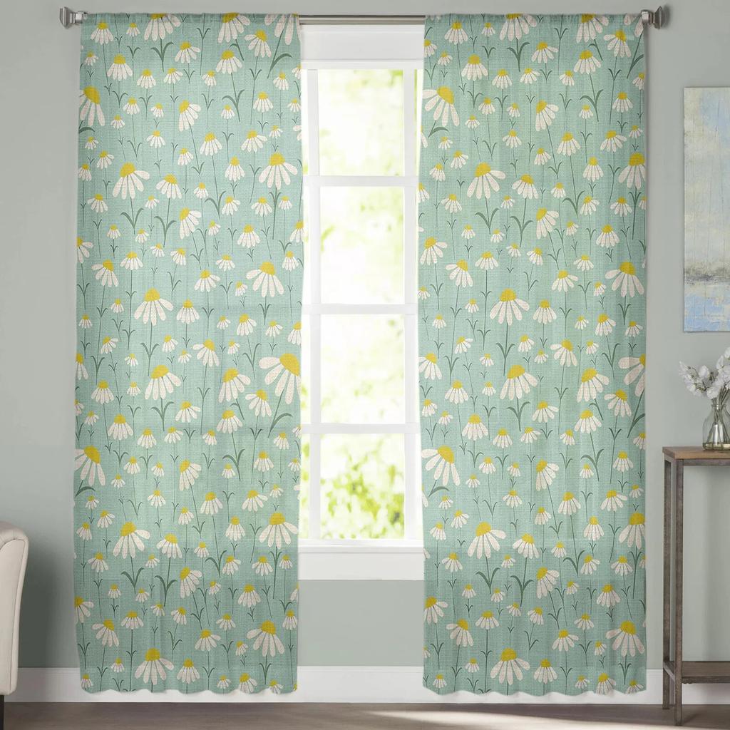 Spring Chrysanthemum Watercolor Flower Bedroom Transparent Sheer Curtains Holiday Decoration Window Voile Tulle Curtain