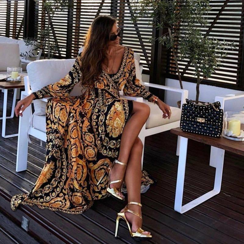 Women's Boho V-neck Vintage Positioning Floral Long-sleeved Dress with Large Swing