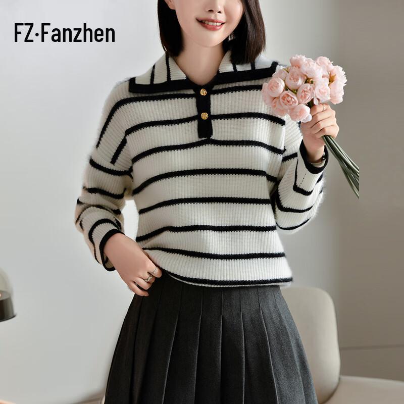 

Fanzhen Women s 100% Wool Thickened Striped Lapel Sweater 2XL