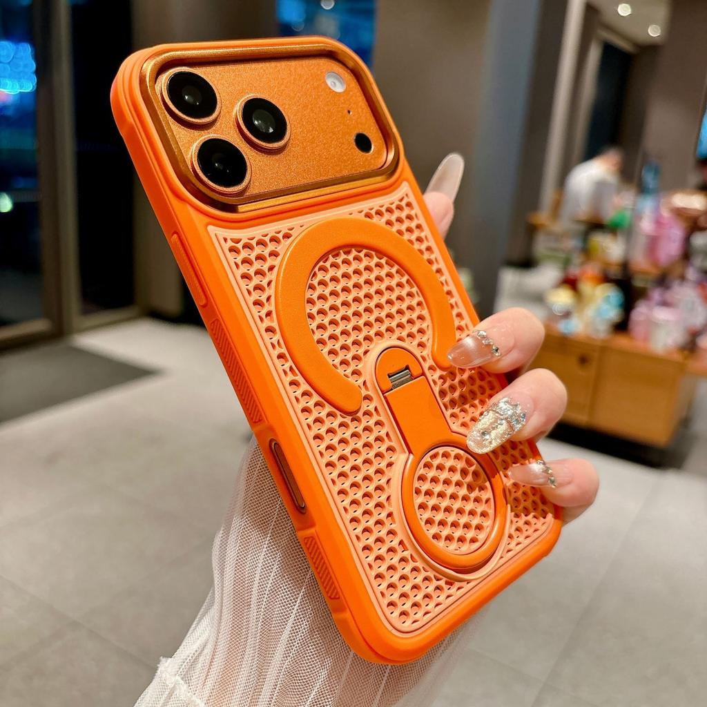 Luxury 360° Rotate Phone Case for iPhone 17 Air 16 15 14 Plus 13 12 11 Pro Max for Magsafe Mesh Heat Dissipation Stand Cover