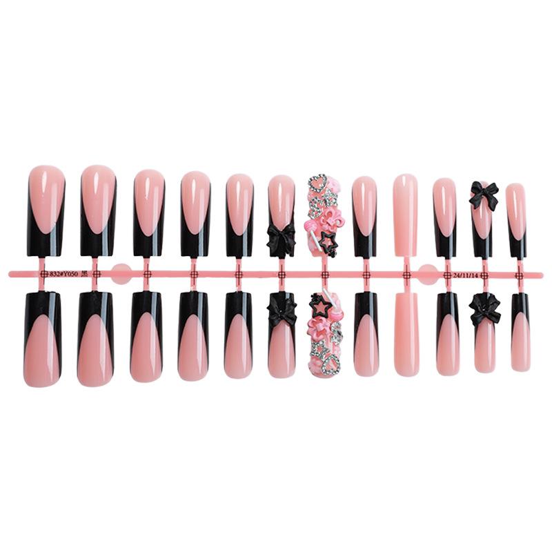 

Handmade Long Black Stone French Edge & Pink Star Rhinestone Fake Nails