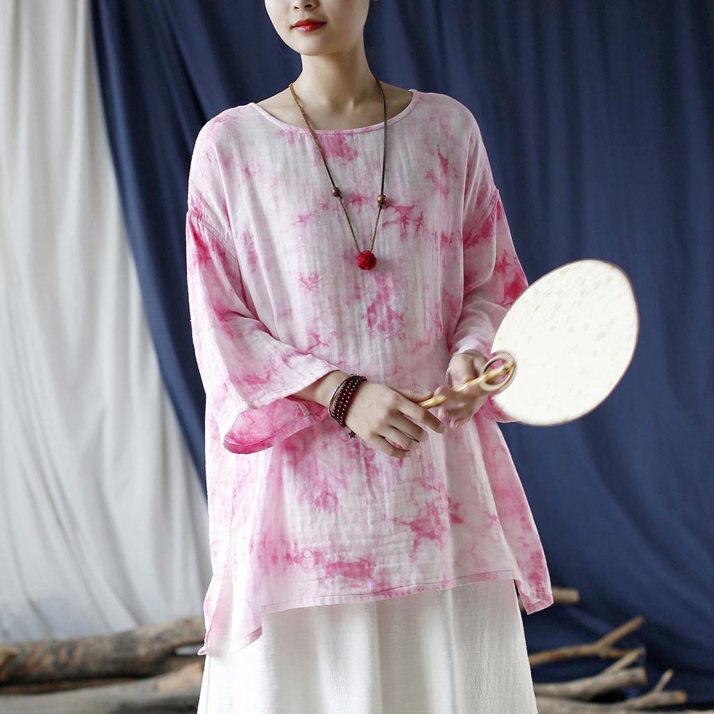 Johnature Women Tie-dye Pink T-Shirts Autumn Tees O-Neck Bat Sleeve Loose Clothes Female Cotton T-Shirts