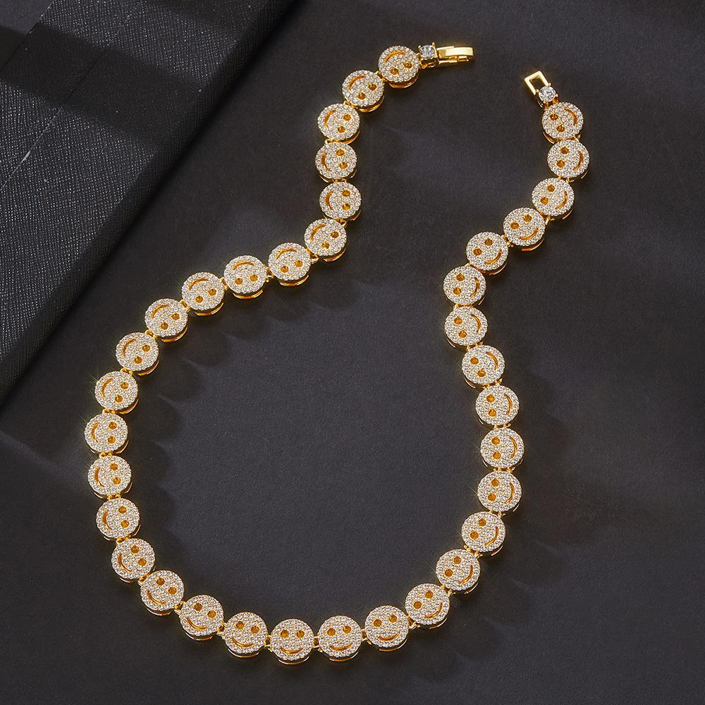 Smiling Face Hip Hop Round Tennis Chain Necklace Iced Out Bling Bracelet Fashion Shiny Zircon Charm Jewelry