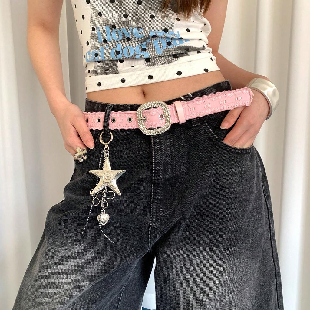 Sweet Cool Y2k Pink Polka Dot Niche Spicy Girl Style Paired with Jeans and Belt