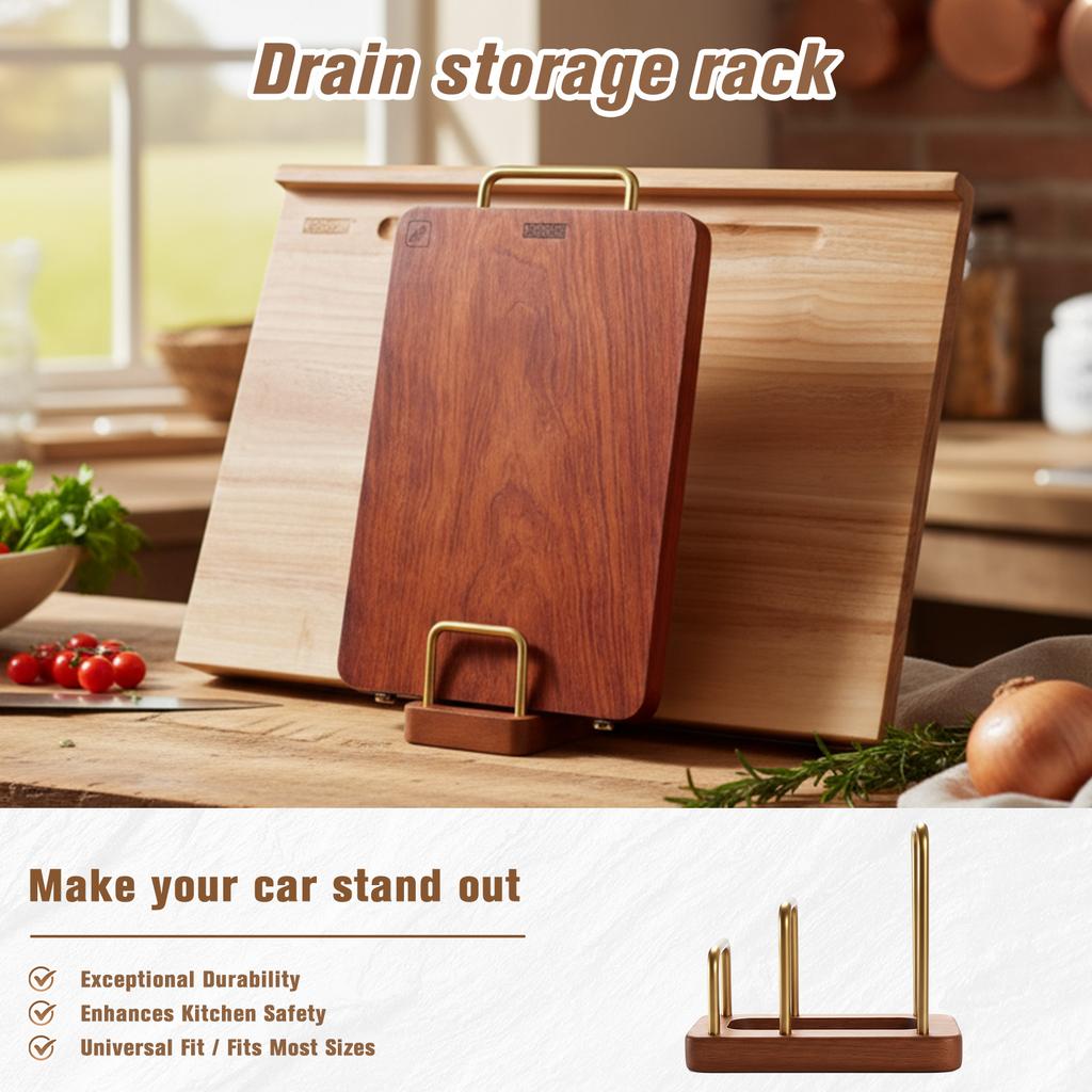Solid Wood Cutting Board & Pot Lid Rack for Easy to Drain Water Kitchen Countertop Chopping Board Organizer Metal Cookware Holde
