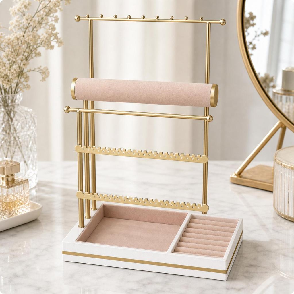 Jewelry Organizer with Wooden Base Decorative for Dressing Table, Bedroom