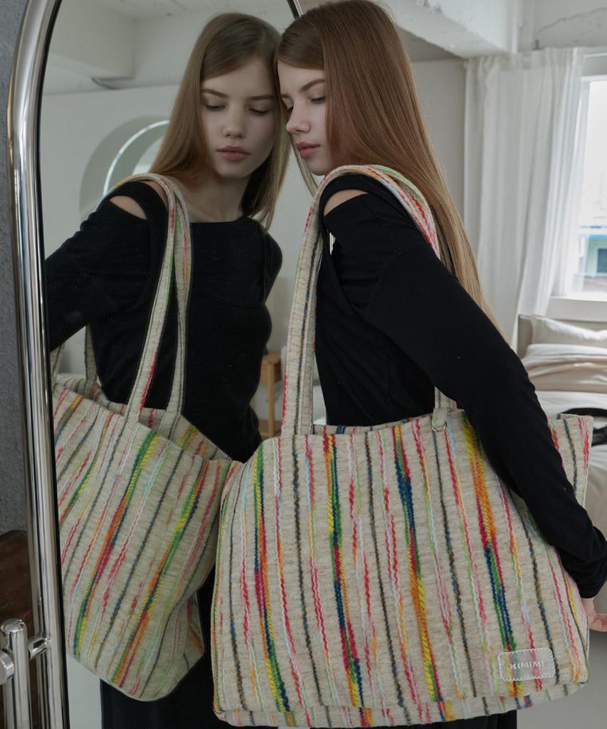 Kimimi Fuzz Stripe Maxi Shoulder Bag Beige
