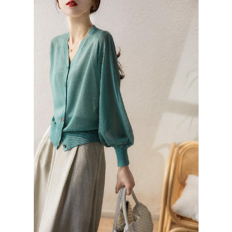 

Солнцезащитная одежда весна новая лето новый цвет легкий дышащий вязаный свитер кардиган One Size озеро зеленый