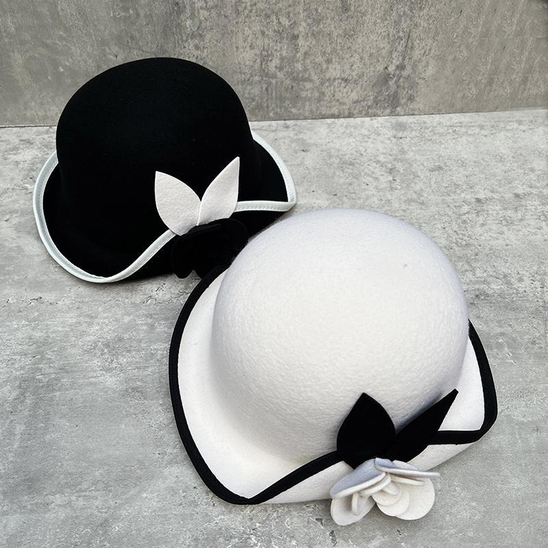 Hepburn Style Woolen Bucket Hat Female French Retro Elegant Camellia Pot Hat Contrasting Color Edge Versatile Top Hat