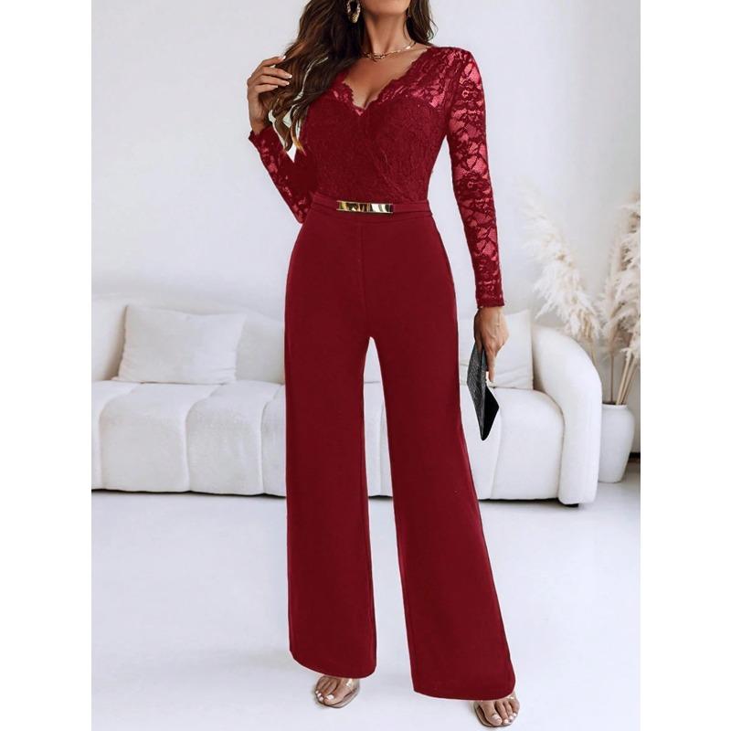 Mode för kvinnor Casual Vår Höst Enfärgade Tryck Långärmade V-ringning Hög Midja Byxor Jumpsuits Jumpsuits