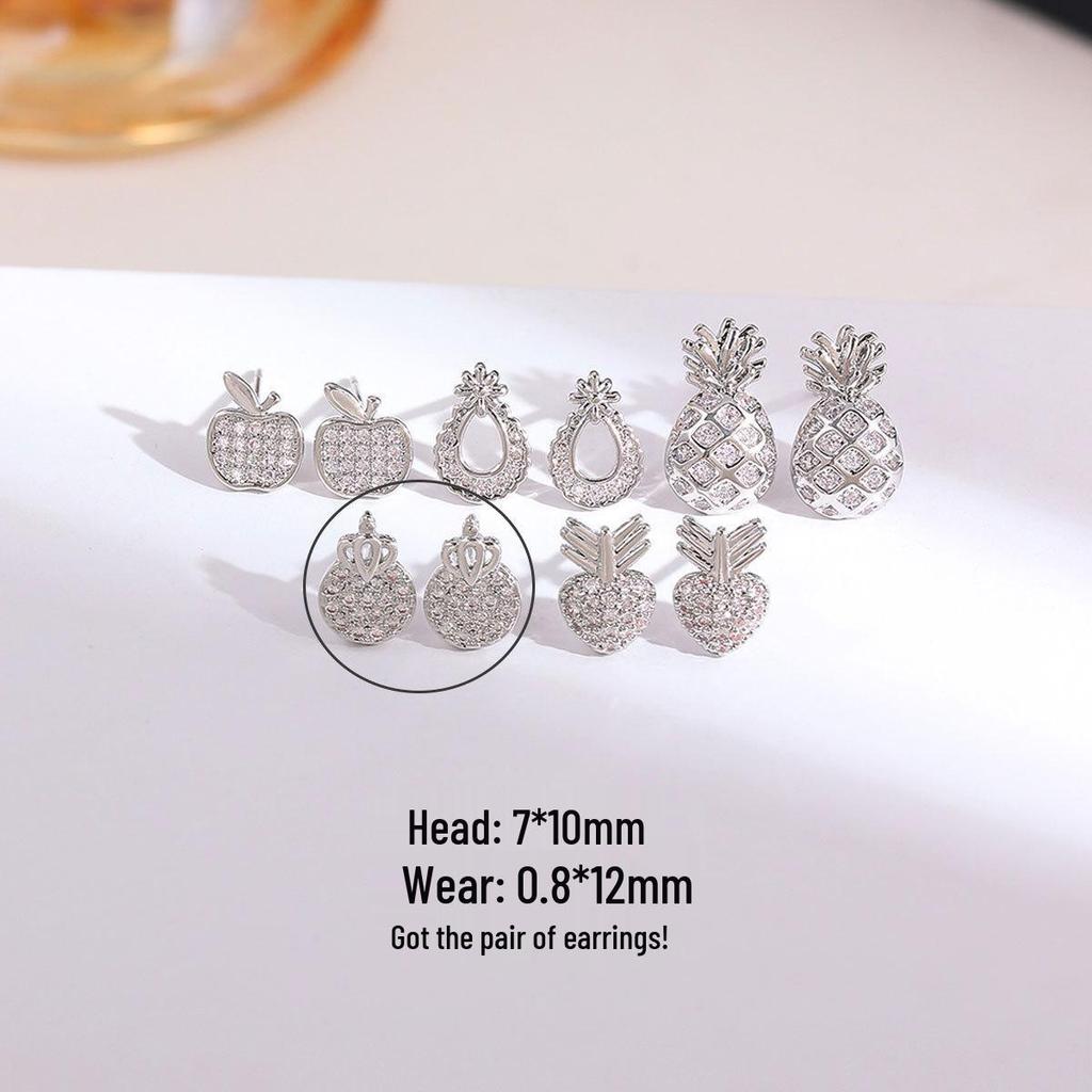 High-Grade Copper & Gold Plated Earrings: Diamond-Studded Apple, Pineapple, Crown, Pear Designs for Women
