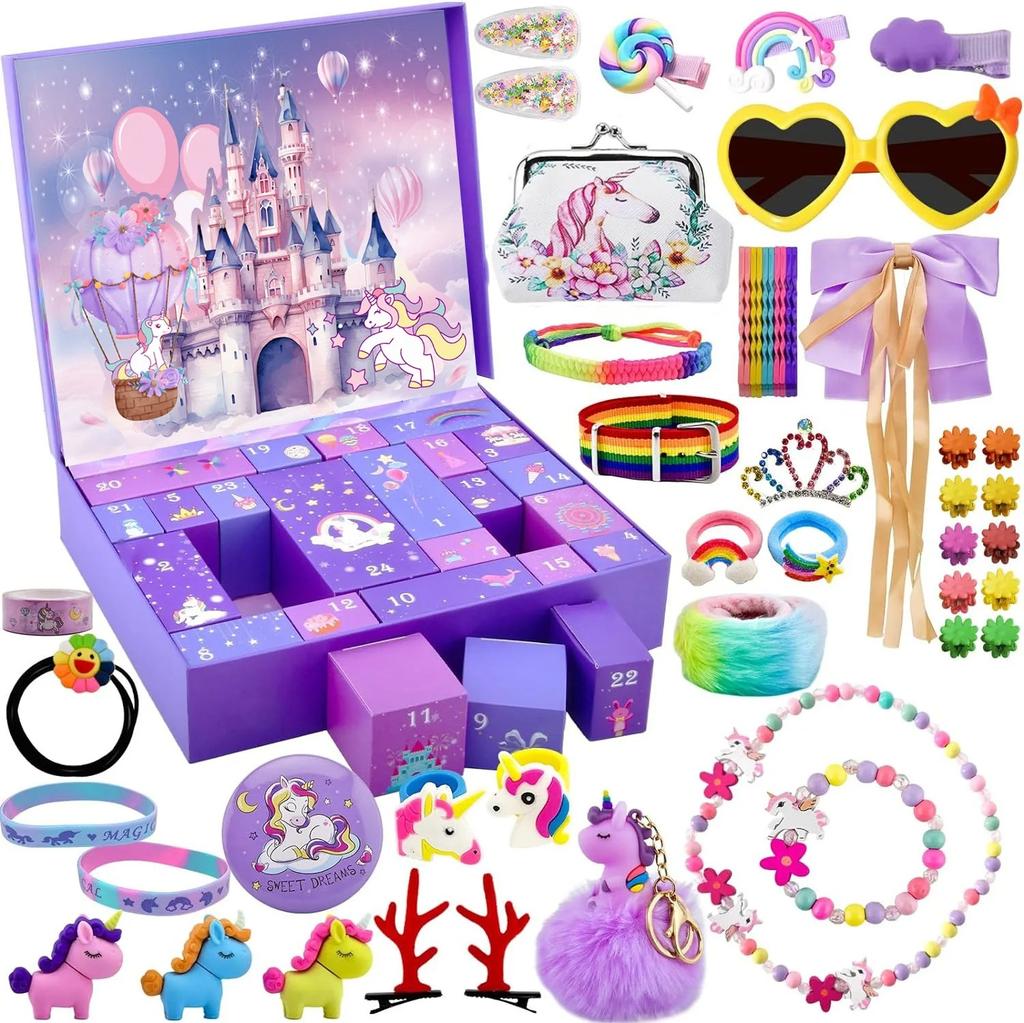 Hot Pink Christmas Advent Calendar Box for Girl Gift Mermaid Unicorn Princess Dress Up Jewelry Hairpin 24Day Countdown Calendar Gift Box
