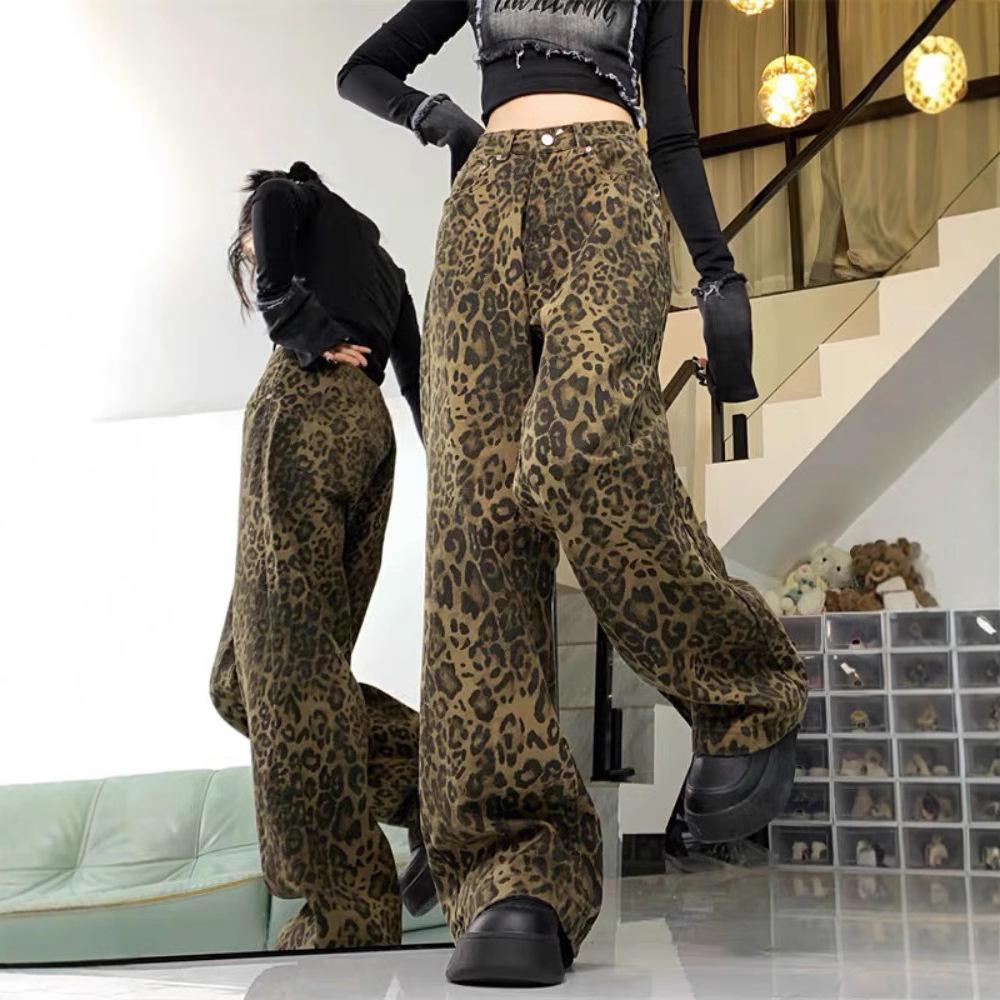 

Женские джинсы свободного кроя с леопардовым принтом и широкими штанинами - Повседневные брюки прямого кроя, Весна/Осень 2025 L цветной печати леопарда
