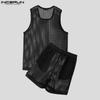 INCERUN Two Pieces Men Hollow Out Sleeveless Tank Tops and Loose Shorts Outfits Sets