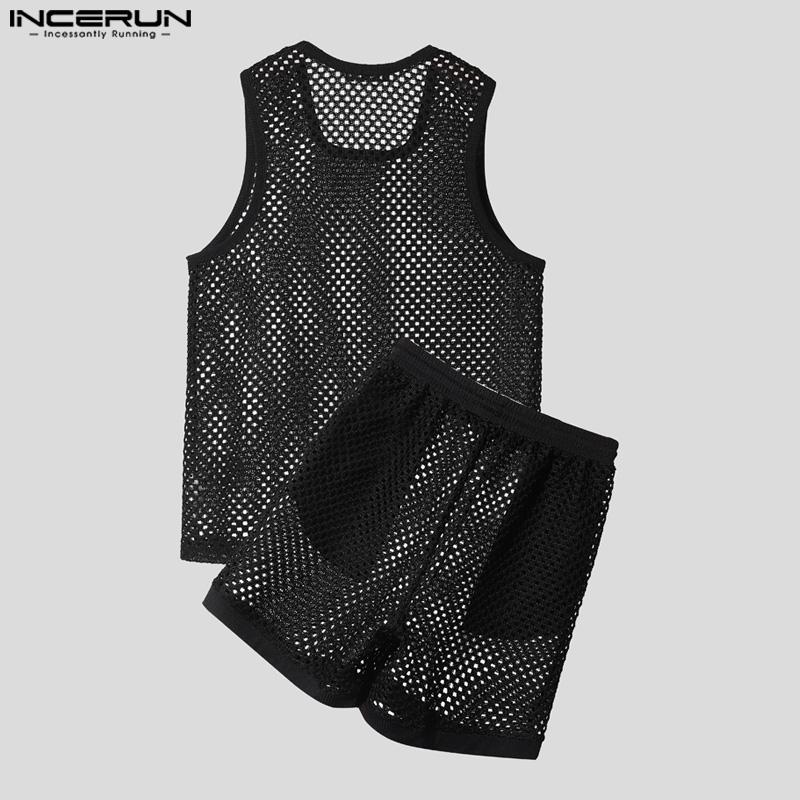 INCERUN Two Pieces Men Hollow Out Sleeveless Tank Tops and Loose Shorts Outfits Sets