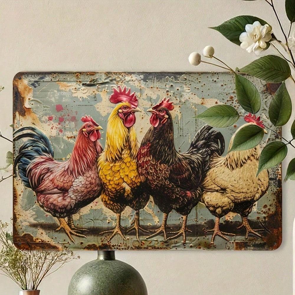 Vintage Rooster Metal Wall Art 12x8 Inch Farmhouse Decor Iron Tin Sign Retro Country Home Cafe Office Garage Gift