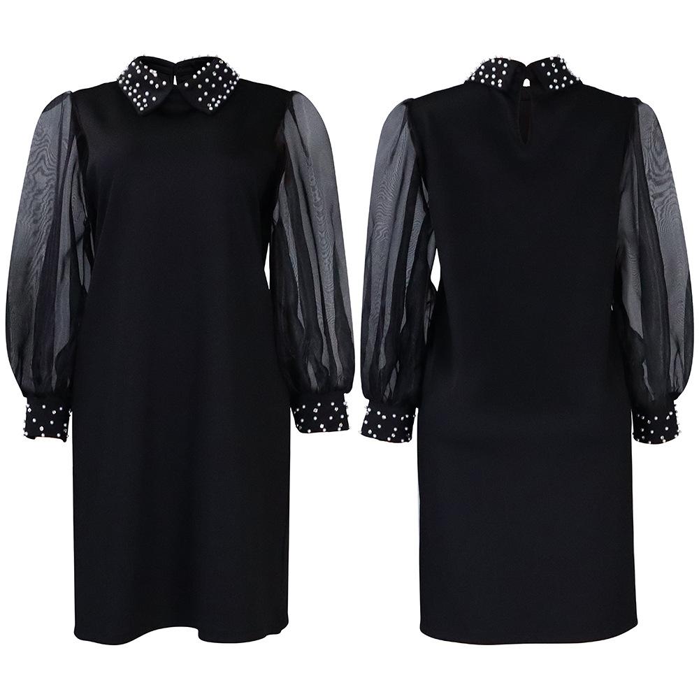 Spring and Autumn Women's Dress Plus Size Temperament Mesh Splicing Beading Loose Dresses
