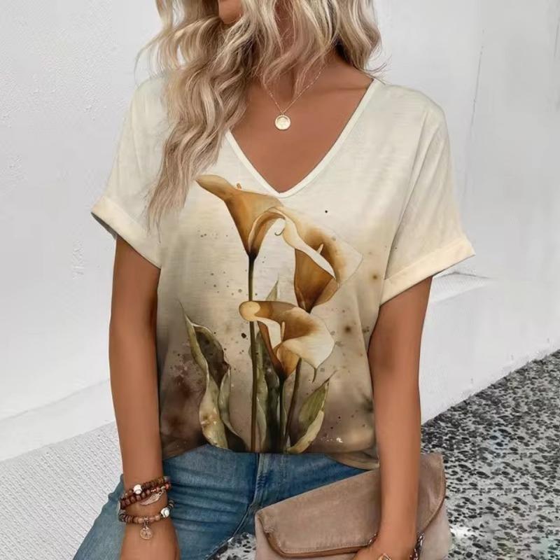

Жіноча футболка з V-подібним вирізом, ретро, ​​елегантний квітковий візерунок, модна футболка з принтом Літнє дозвілля Популярна жіноча футболка з короткими рукавами L