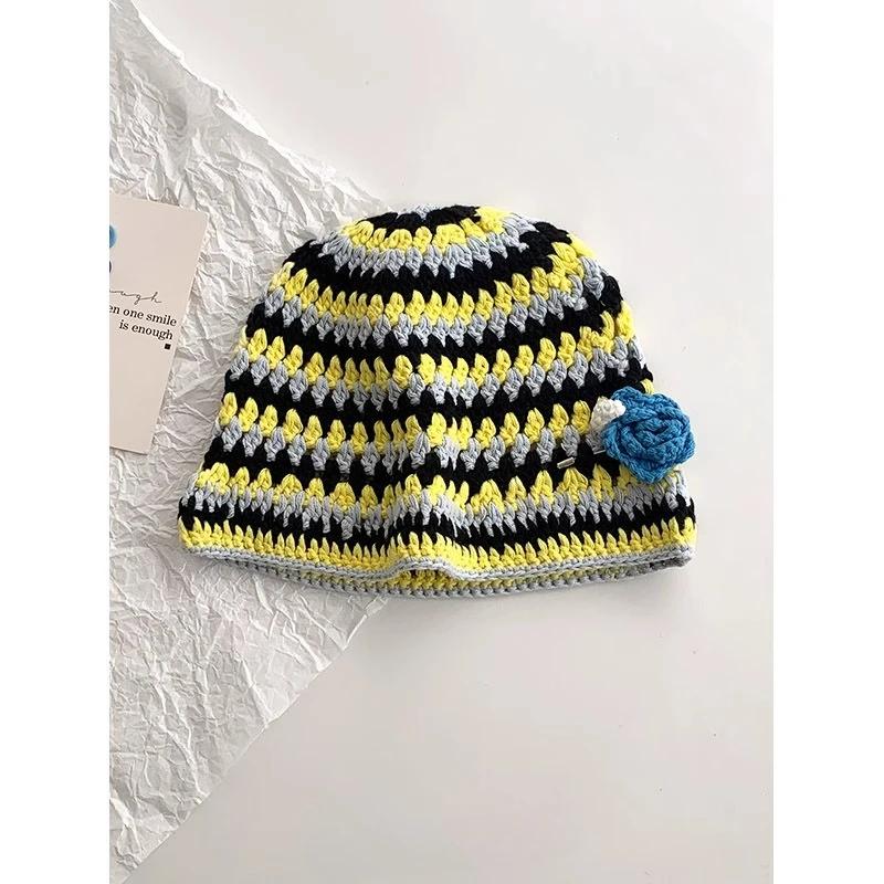 Y2K Korean-Japanese Hand Bucket Crochet Bucket Hats For Women Spring Autumn Winter Sun Cap Female Bow Designer Bob Basin Gorro