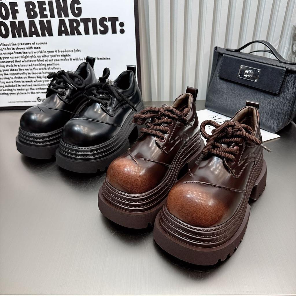 Small leather shoes women's platform muffins fashion height-increasing single shoes small retro brown leather shoes British loafers