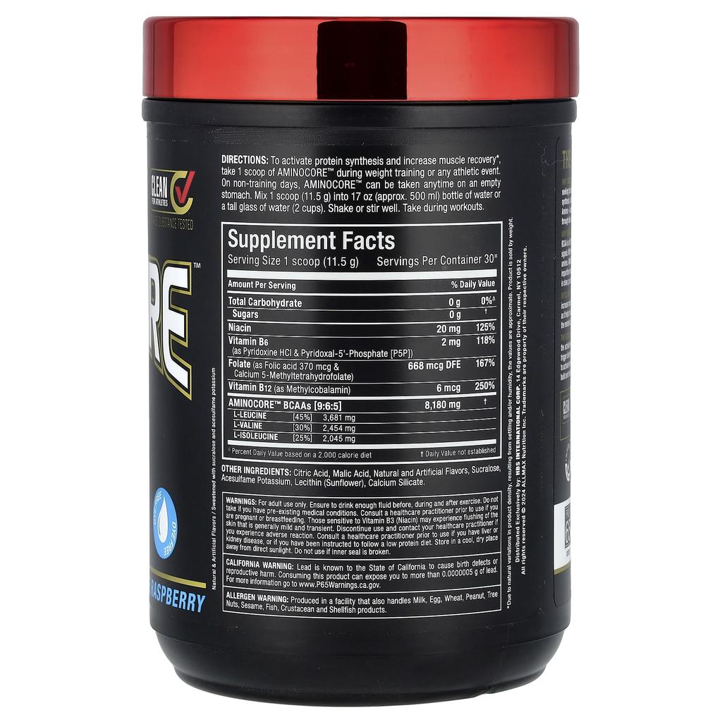 Aminocore, Bcaa, Bcaa 8G + Sugar 0 + Carbs 0, Blue Raspberry, 0.69Lbs(315G)