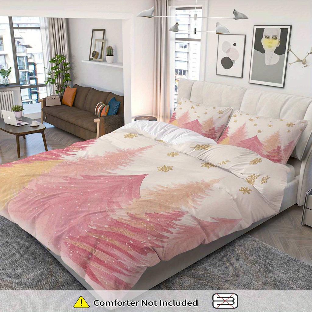 3-teiliges rosa Weihnachts-Schneeflocken-Wald-Bettbezug-Set Gemütliches Polyester Maschinenwaschbar Reißverschluss, Ganzjahreskomfort für Schlafzimmer