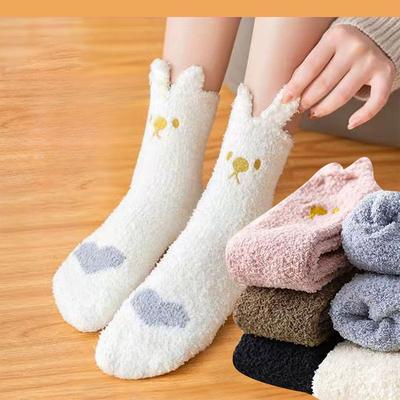 Damen Korallfleece Cartoon Hasenohren Socken Mittelhohe Socken Extra Dicke Warme Haussocken Schlaf-Socken