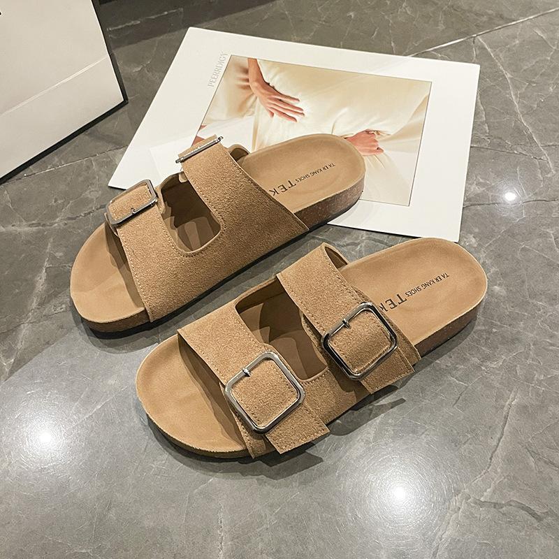 

Frosted soft leather slippers women s summer 2025 retro thick-bottomed flat-bottomed college style outer wear fashion Boken cool slippers 40 верблюд