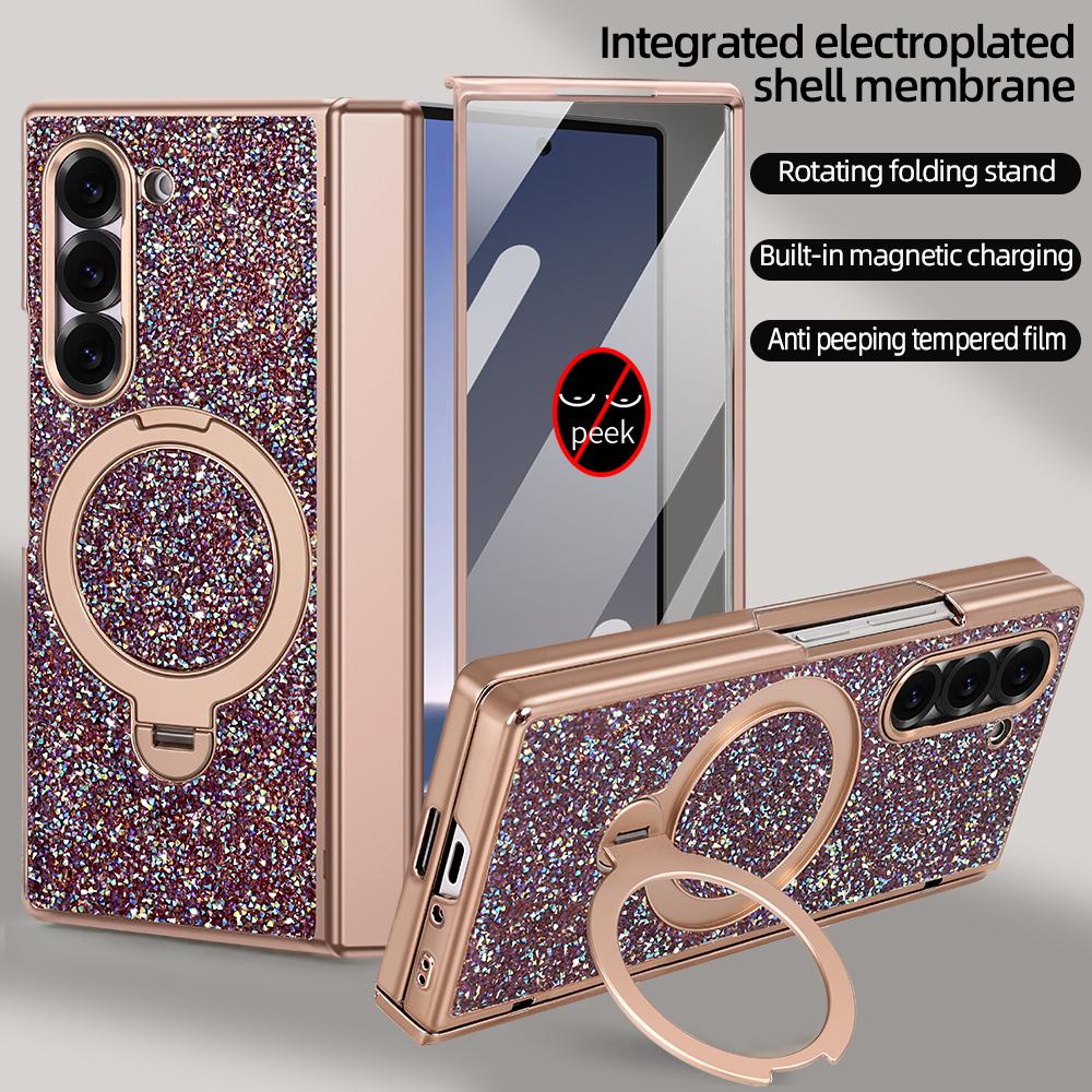 Luxury Girls Glitter Bling Faux Leather Plating Phone Case For Galaxy Z Fold 7/6 With Rotatable Holder, Anti-peeping Glass Film