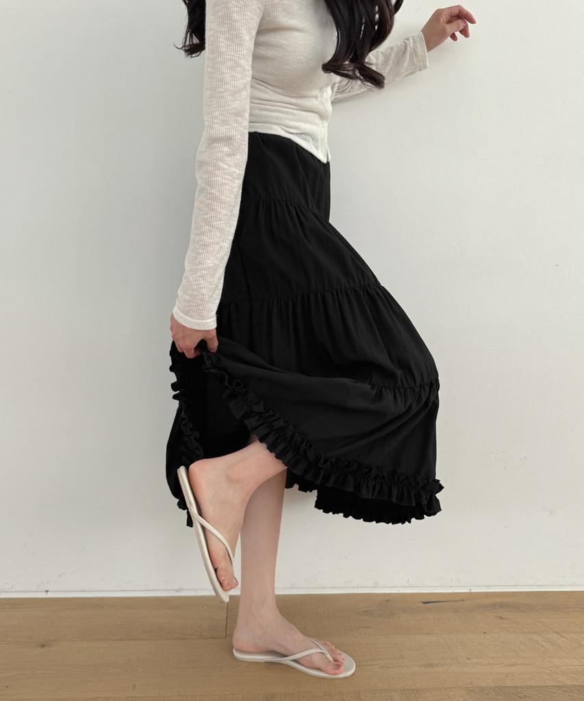 Moyora Frill Tiered Flare Long Skirt [Black]