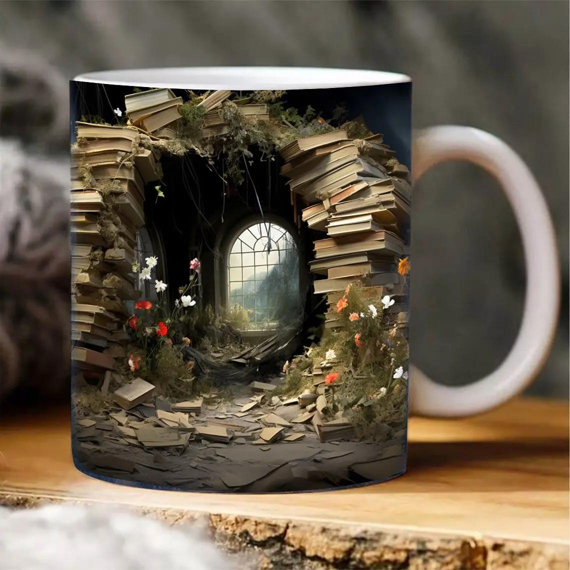 

3D Patterned Bookshelf Ceramic Mug, Simple Drinking Cups for Learning, High-value Coffee Mugs, Couple Birthday Gift Kawaii Cup 301-400ml