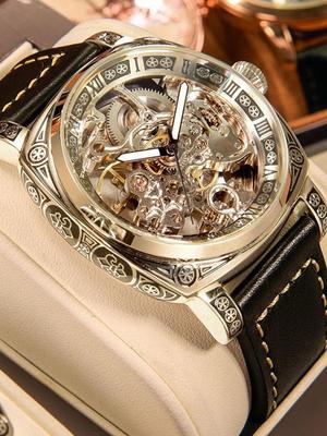 New Carved Men Watch Fully Automatic Men's Watches Hollow Out Fashion Mechanical Watch Luxury Leather Strap Man Wrist Watch