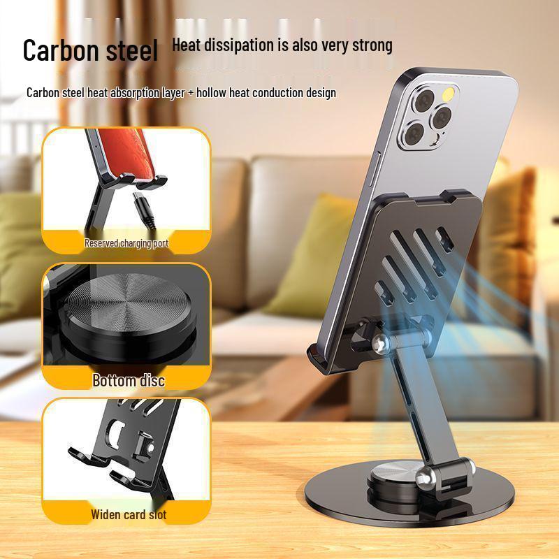 All-Metal Foldable Desk Phone & Tablet Holder - 360° Rotating for Study & Live Broadcast
