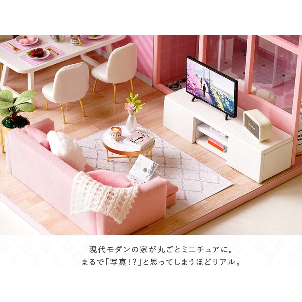 Moin Moin 1/24 Dollhouse Miniature DIY Kit Modern Pink Flower Room with LED Light and Acrylic Case