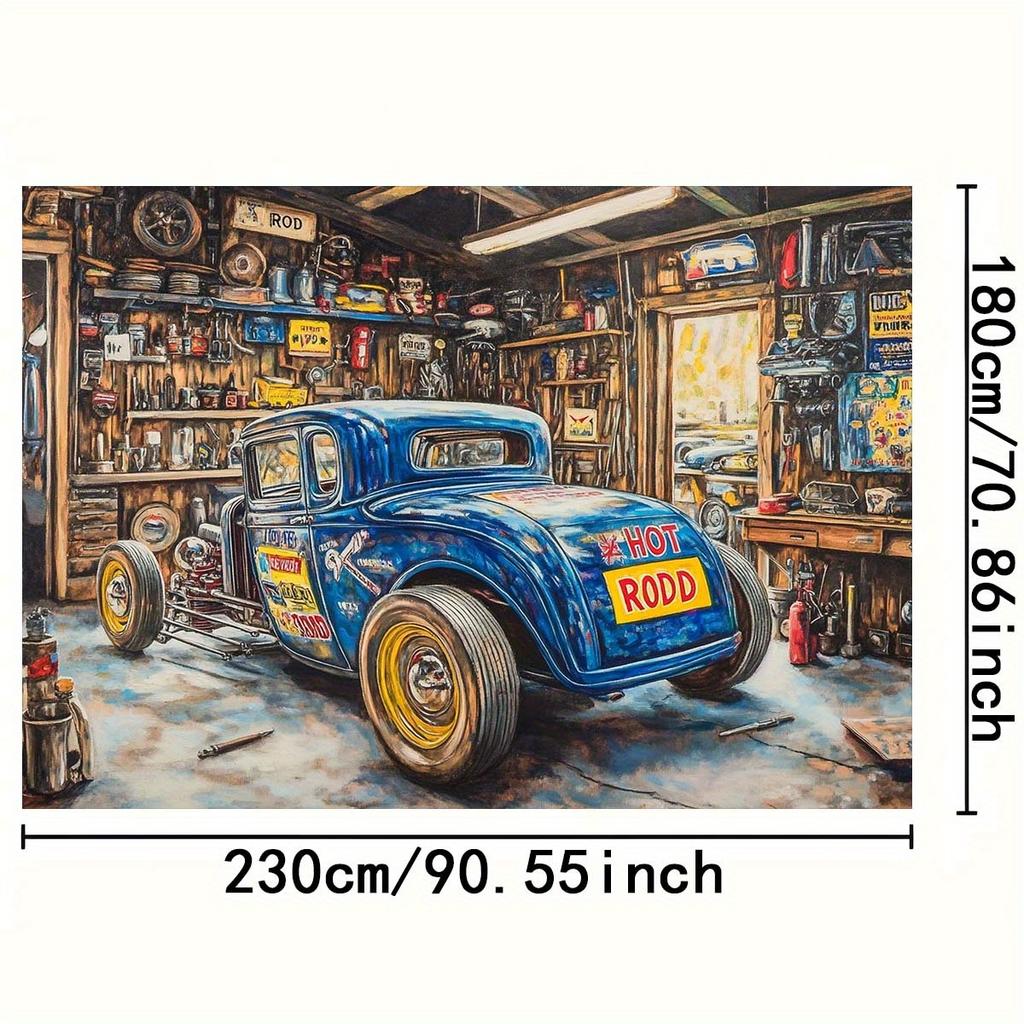 1 piece of 2D flat banner retro garage background banner - designed in hot car and rural workshop style