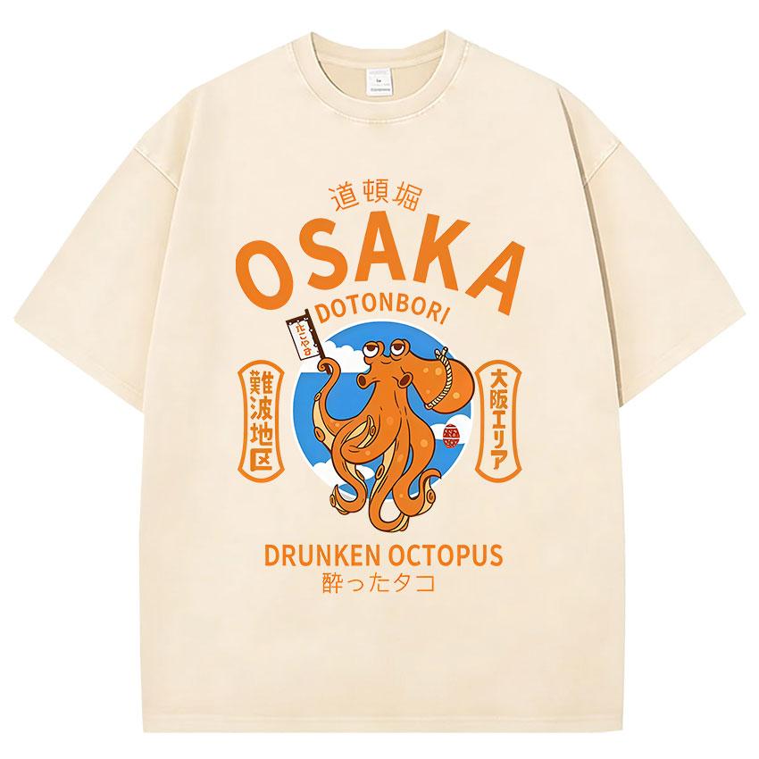 Divertente Osaka Dotonbori Polpo Ubriaco Giapponese Retrò Lavata Maglietta Unisex Donna Abbigliamento Umoristico Moda Cotone Manica Corta T-shirt
