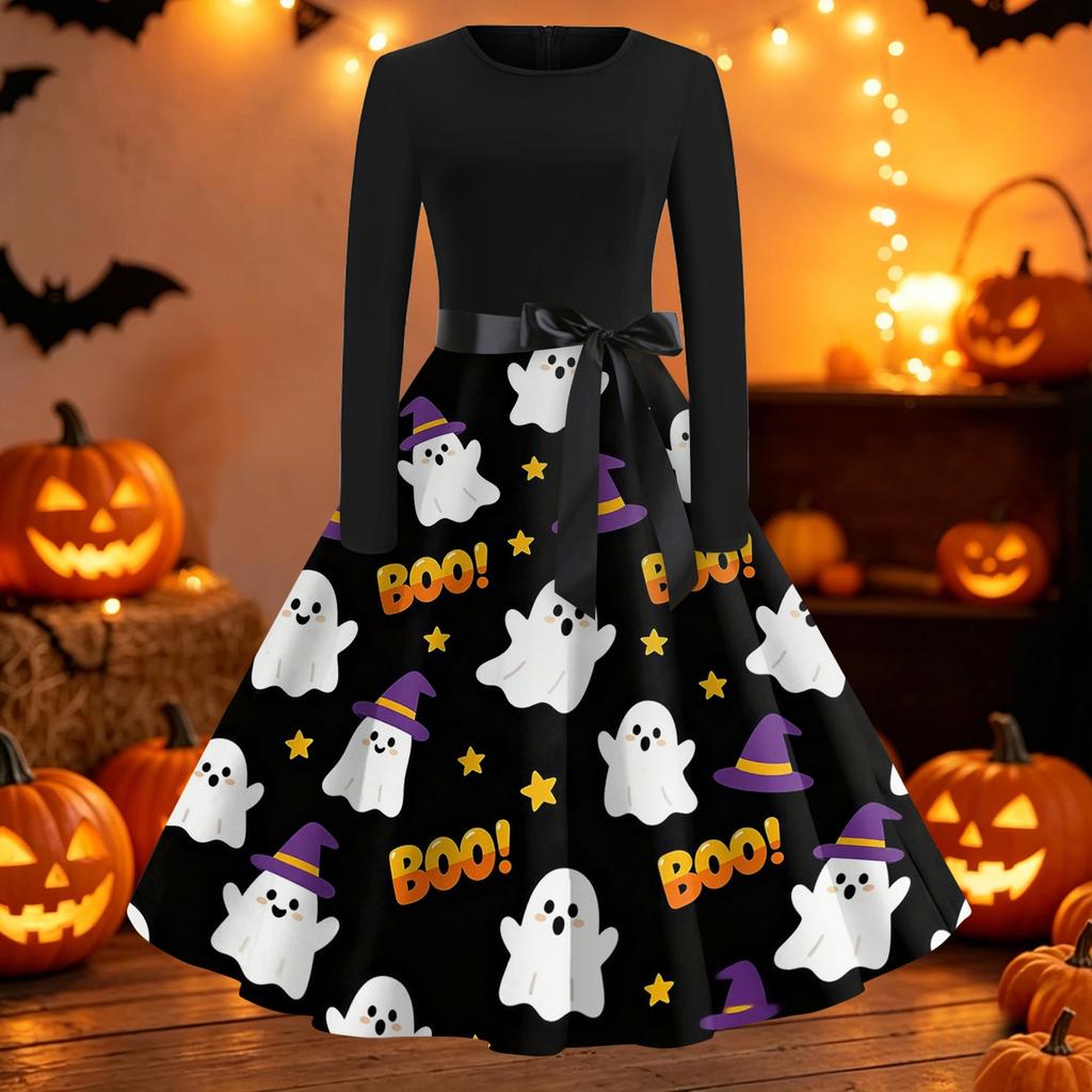 Women's Casual Long Sleeve Dress Halloween Printed Flared Skirt Round Neck Slim Fit Vintage Style Midi Dress with Waist Tie