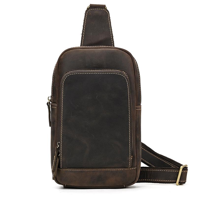 Crazy Horse Leather Chest Bag, Men s Casual Diagonal Cross Bag, Cowhide Shoulder Bag, Commuter Outdoor Bag